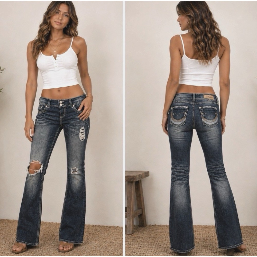 Y2K Almost Famous Womens Low Rise Boot Cut Jeans Size 9 Distressed Whiskered